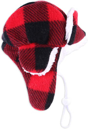 Christmas Dog Hat with Earmuffs Winter Adjustable Pet Red Plaid Pet Cap